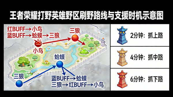 王者荣耀打野英雄野区刷野路线与支援时机示意图